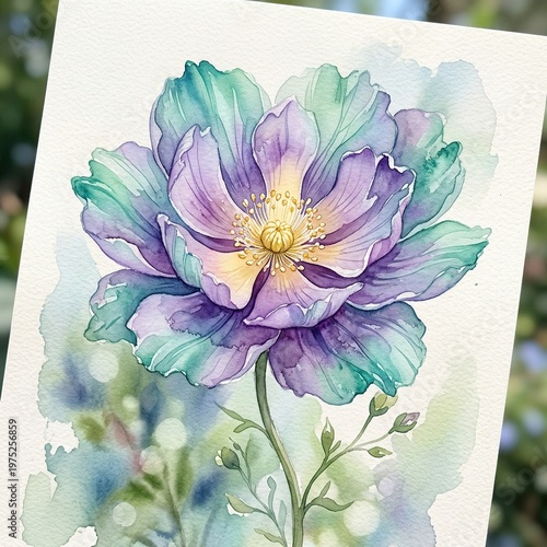 Watercolor Painting of a Large Purple Blue Poppy Flower on Textured Paper