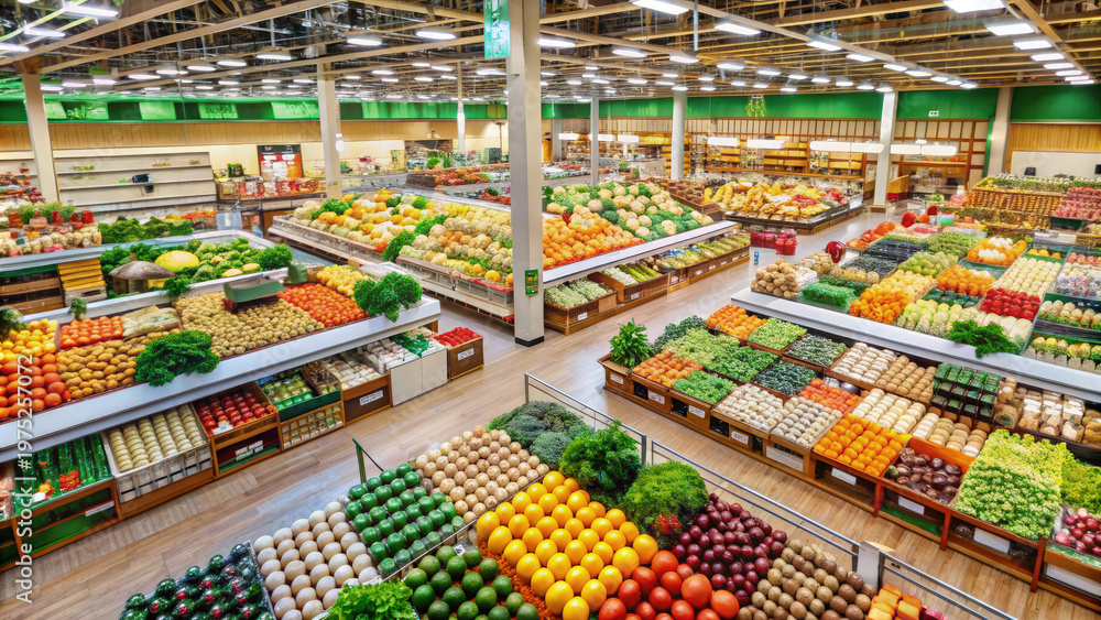 Fototapeta premium Abundant Fresh Produce in a Busy Grocery Store. 
