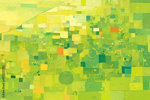 新緑の抽象背景素材　イエローグリーンの四角形による幾何学コラージュ