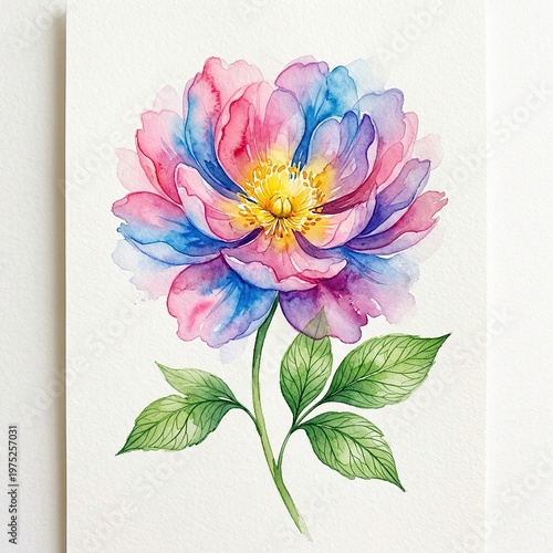 Colorful Watercolor Flower with Pink Purple Blue Green Leaves Artistic Botanical Illustration