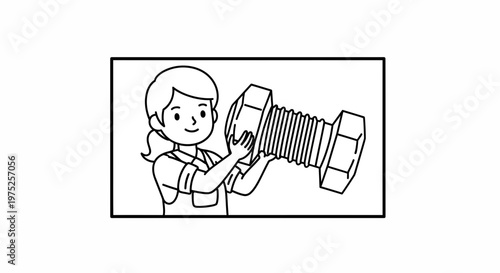 Young girl holding a giant bolt, illustration, concept of engineering, construction, and DIY
