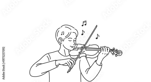 Young man playing violin with musical notes floating around him, line art illustration