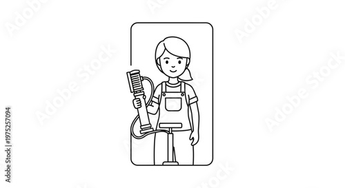 Young Woman in Overalls Holding a Microphone, Podcasting Concept, Line Art Illustration