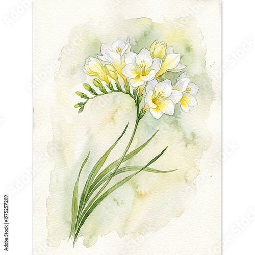 Elegant White and Yellow Freesia Flowers Watercolor Painting for Botanical Art and Floral Decor