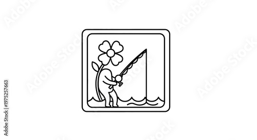 Whimsical character with flower head fishing in water, line art icon