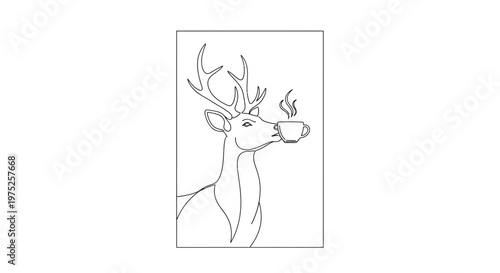 Whimsical Deer Enjoying Hot Coffee with Steam, Line Art Illustration