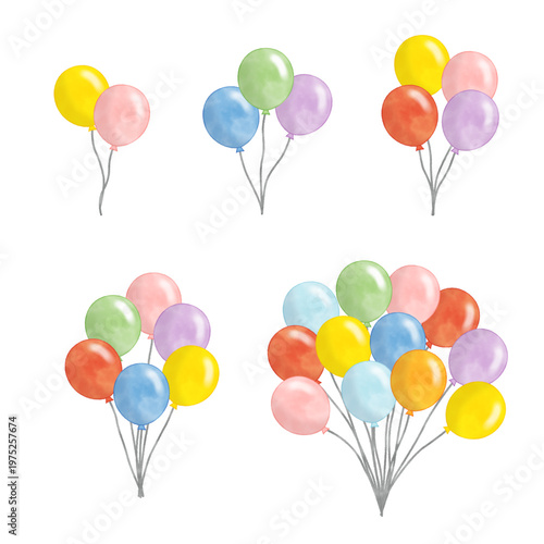 水彩風　カラフルな風船ブーケセット バルーンクラスターの装飾素材