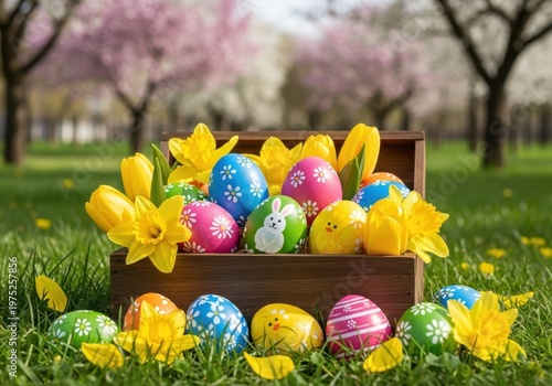 Colorful Easter eggs in a basket with yellow flowers
