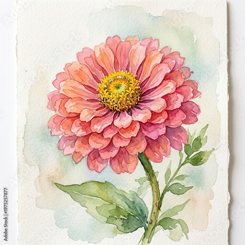 Watercolor Pink Flower with Green Leaves on White Textured Background