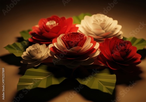 Beautiful red and white flowers in a wooden pot