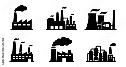 Factory industry industrial plant manufacturing building production power station silhouette vector icons set