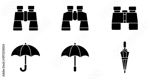 Binoculars and umbrellas vector set for outdoor adventures and rainy days essential gear and equipment