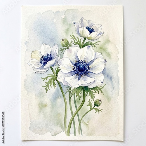 White Anemone Flowers Watercolor Painting with Green Foliage on Light Background