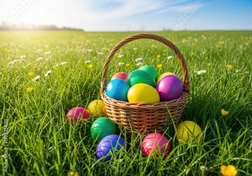 Basket with colorful Easter eggs in a grassy field