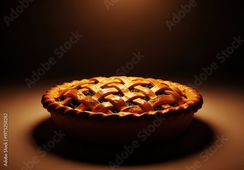 Homemade lattice-top apple pie on wooden table