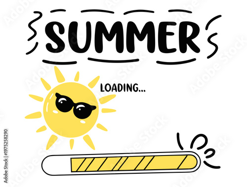 Summer loading progress bar with sunglasses and sun, playful typographic vector graphic