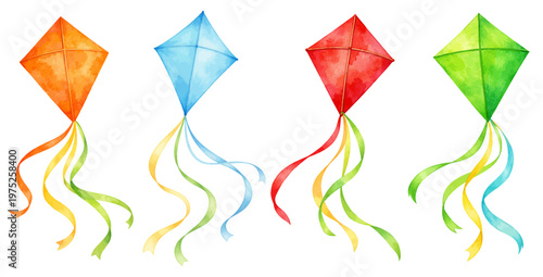 Fotografía A watercolor collection of colorful kites featuring bright flying kites with flowing ribbon tails in a playful spring style isolated on white background