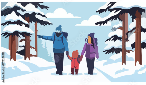 Winter Hiking Family Outdoor Adventure Snow Forest Vector Illustration