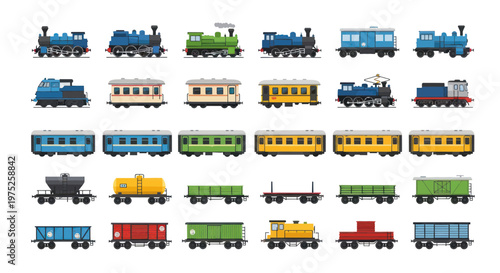 Colorful Vintage and Modern Trains Collection Vector Illustration