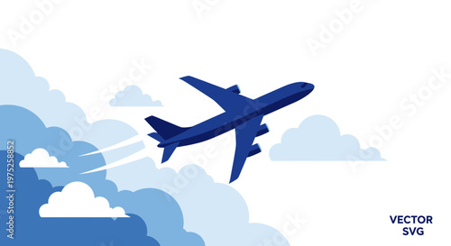 Dark Blue Airplane Flying Through Cloudy Sky - Vector Illustration