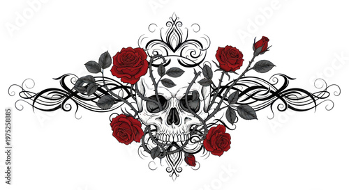 Foto Gothic Skull with Red Roses and Ornate Swirls - Dark Art Design
