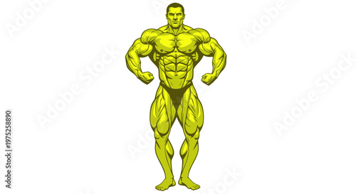 Muscular Bodybuilder Posing, Yellow Silhouette, Fitness and Strength Concept