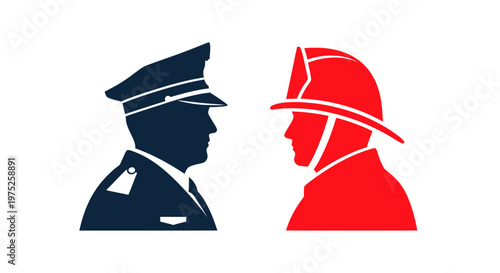Police Officer and Firefighter Icons Facing Each Other, Symbolizing Emergency Services