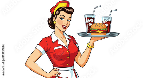 Retro Waitress Serving Burger and Sodas in Vintage Diner Style