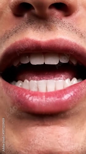 A close up view of a person with healthy white teeth smiling and showing their mouth