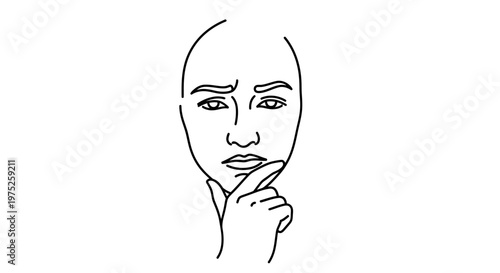 Pensive Face Line Drawing: Woman Thinking with Finger on Chin, Expressing Doubt or Contemplation