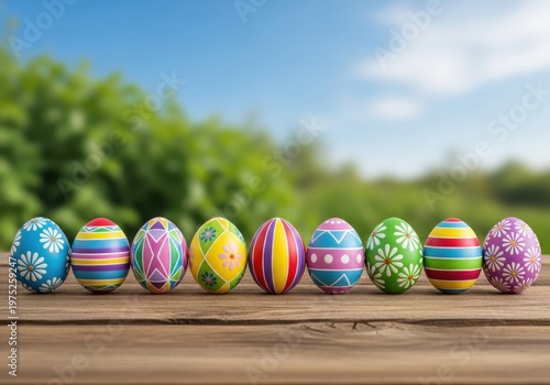 Colorful Easter eggs lined up on a wooden surface outdoors