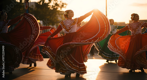 Dancers in vibrant traditional Mexican dresses performing folklorico at a Cinco de Mayo celebration.