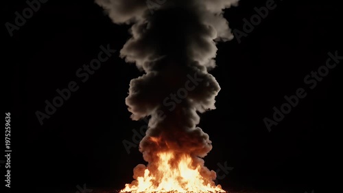 Thick black smoke rises dramatically from a large, destructive fire with bright orange flames