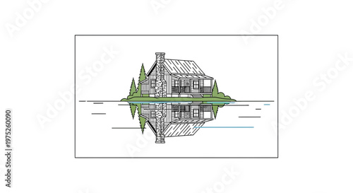 Rustic Cabin Reflection on Calm Water, Serene Nature Scene