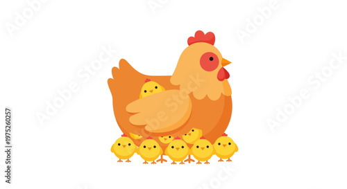 Happy Cartoon Chicken Mother with Chicks Family on White Background