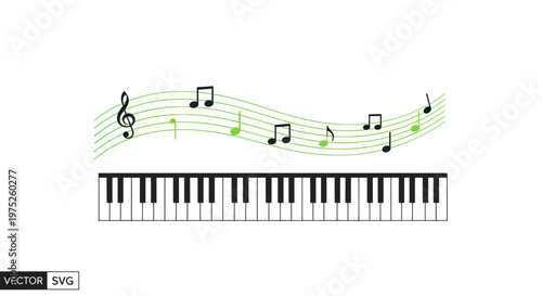 Piano keyboard with musical notes on a staff, music concept, vector illustration