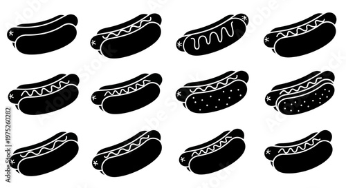 Set of 12 Black Hot Dog Icons with Various Toppings and Condiments