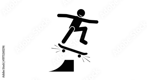 Stick Figure Skateboarder Jumps Ramp in Silhouette Style