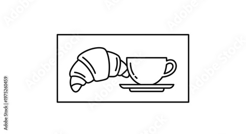 Simple Line Art Icon: Croissant and Coffee Cup on Saucer, Breakfast Food and Drink Symbol