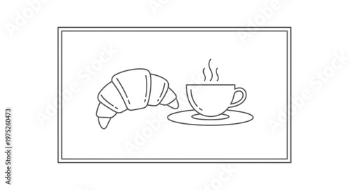 Simple Line Art Icon: Croissant and Coffee Cup with Steam on Saucer