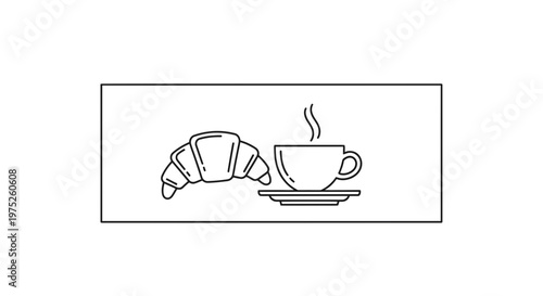 Simple Line Art Icon of a Croissant and Hot Coffee Cup with Steam