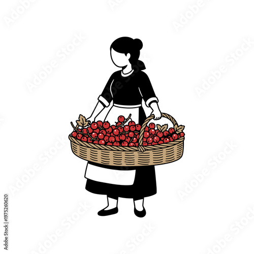 Farm girl holding wicker basket overflowing with red cherries