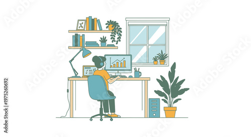 Woman working at home office desk with data charts illustration