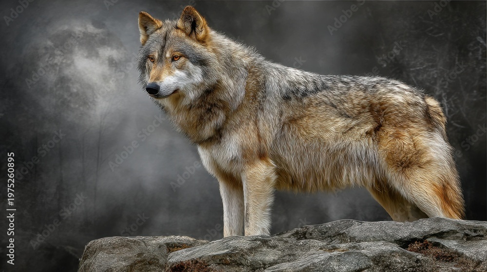 Fototapeta premium A Majestic Wolf Stands Proudly on a Rocky Cliff Edge Surveying Its Wild Territory