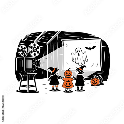 Children in Costumes Watching Halloween Movie on Vintage Projector