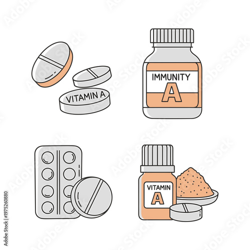Vitamin A Supplement and Immunity Health Icons Set