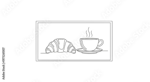 Simple line drawing of a croissant and a steaming cup of coffee on a saucer