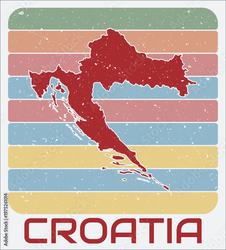 Croatia vintage logo. Shape of the country on retro colored stripes background. Croatia map design with grunge scratch texture. Vector illustration.