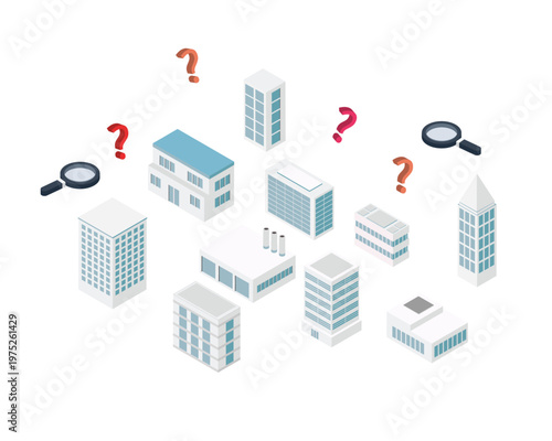 Isometric buildings search concept of looking for a job search or looking to buy condominium