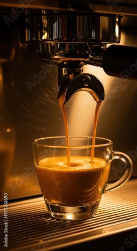 Coffee being poured from a machine into a glass cup